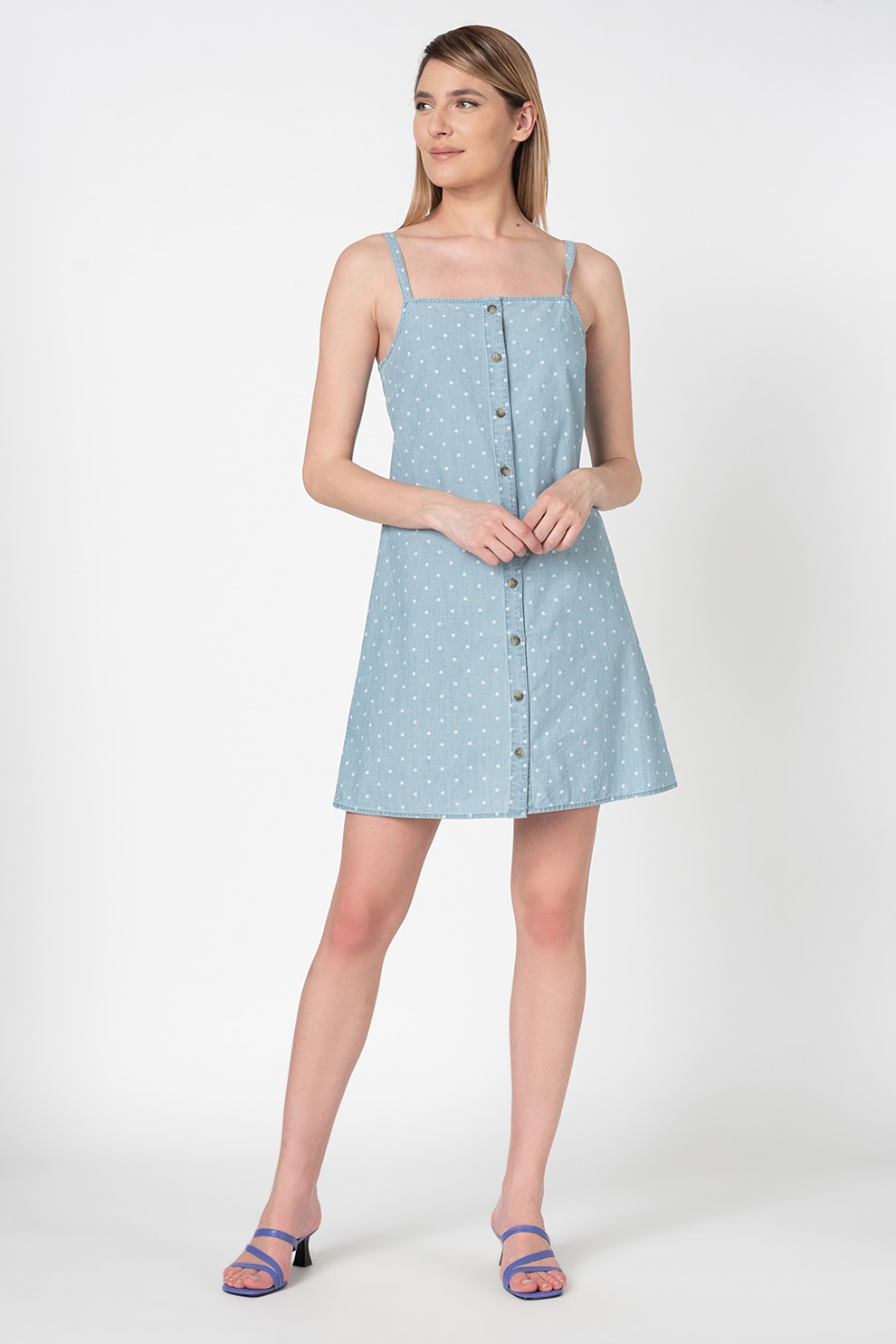 Vero Moda, Rochie mini din chambray Masha, Albastru lavanda/Alb, L