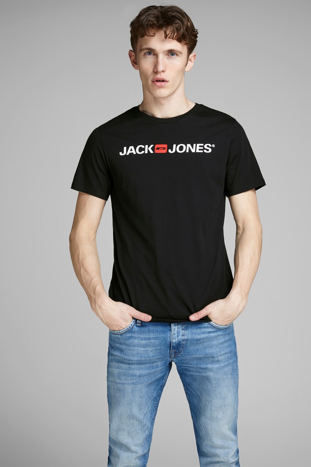 Jack&Jones, Tricou slim fit cu imprimeu logo Classic, Negru
