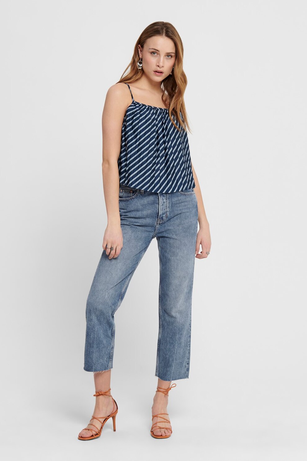 JdY, Top cu pliuri si dungi, Bleumarin/Alb, L