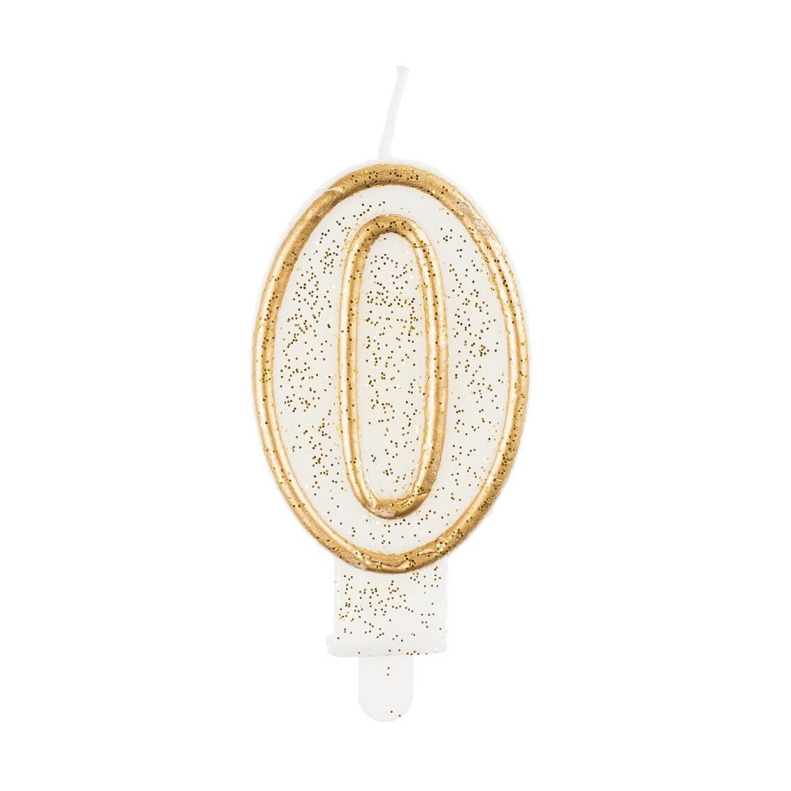 Lumanare tort cifra 0, alba cu contur auriu si glitter, Tomvalk, 1 buc