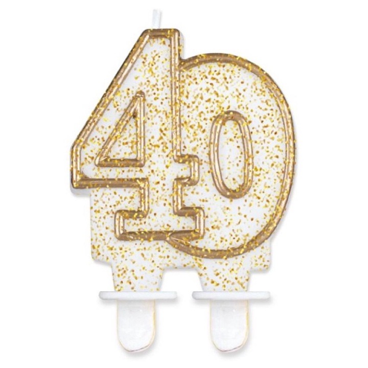 Lumanare tort cifra 40, alba cu contur auriu si glitter, Tomvalk, 1 buc
