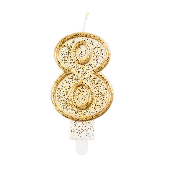 Lumanare tort cifra 8, alba cu contur auriu si glitter, Tomvalk, 1 buc