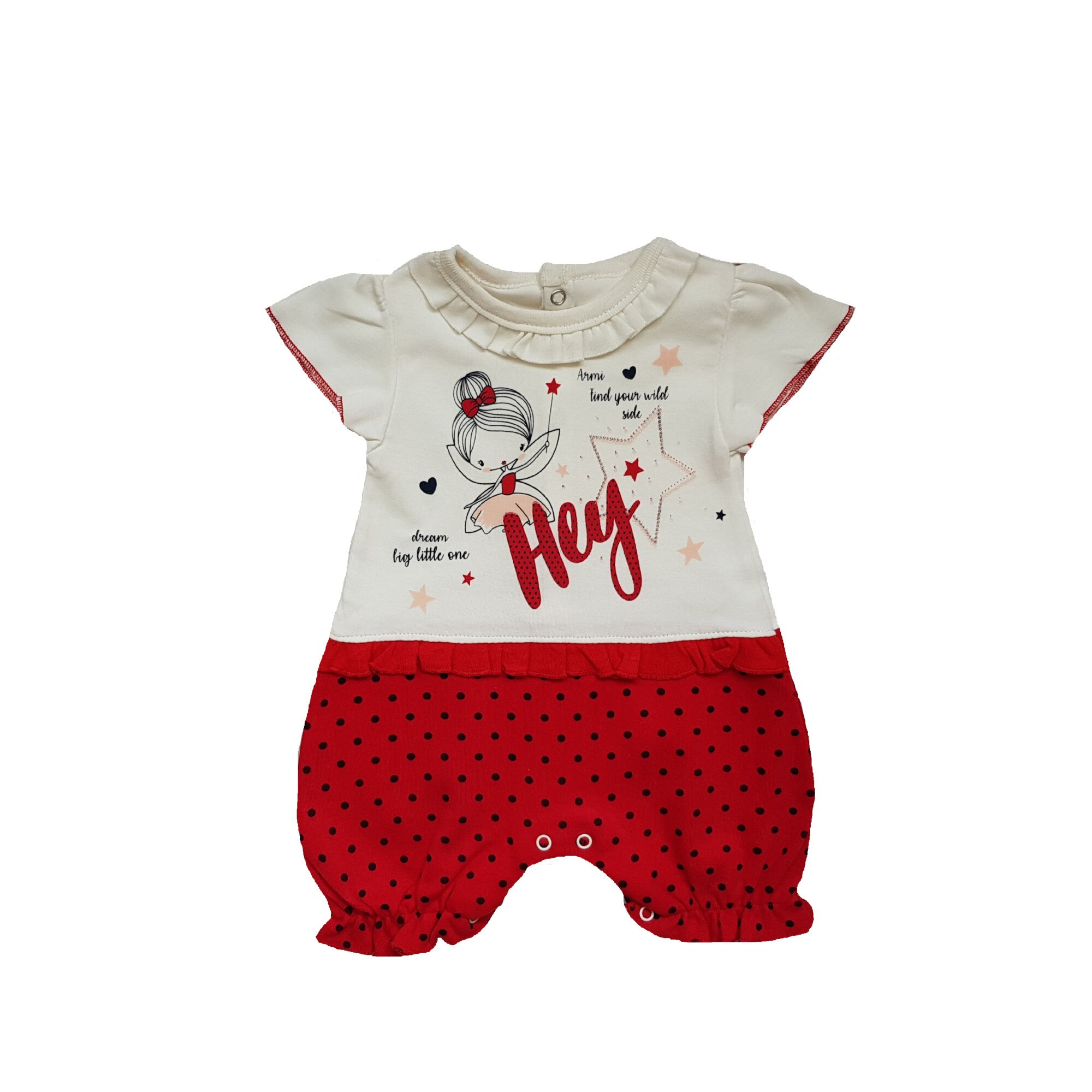 Salopeta romper de bumbac plin, Alb/Rosu, Alb/Rosu