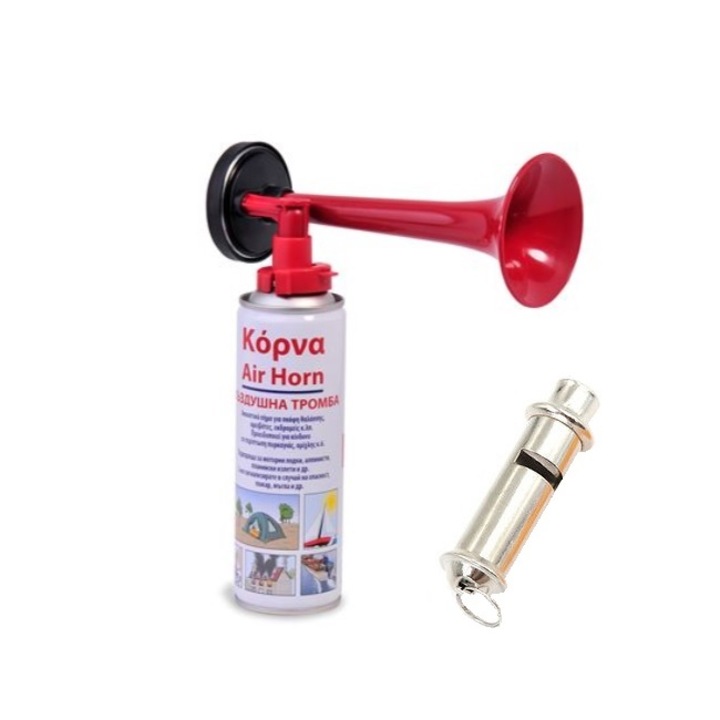 Set Vuvuzela spray cu aer comprimat, goarna, 295 ml si fluier cercetas metalic