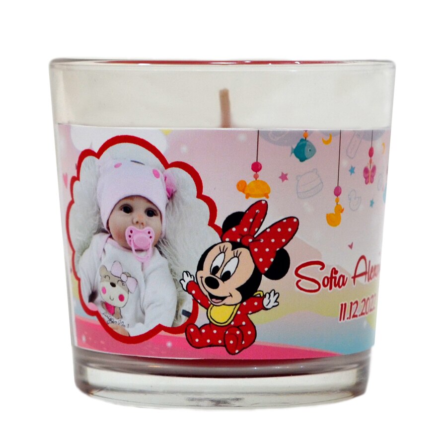 Lumanare personalizata, tematica Minnie Mouse, culoare rosie