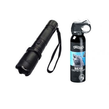 Kit autoaparare format din electrosoc cu lanterna spray impotriva agresorilor ursilor Bear Defender 225 ml si husa cu prindere la curea Kit autoaparare format din electrosoc cu lanterna spray impotriva agresorilor ursilor Bear Defender 225 ml si husa cu prindere la curea