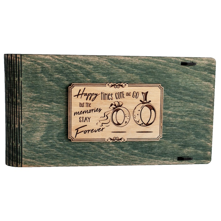 Cutie din lemn pentru stick USB + loc fotografii VintageBox personalizata prin gravare model "Verighete" - Verde