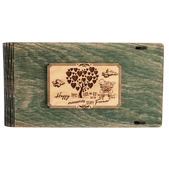 Cutie din lemn pentru stick USB + loc fotografii VintageBox personalizata prin gravare model "Proaspat Casatoriti" - Verde