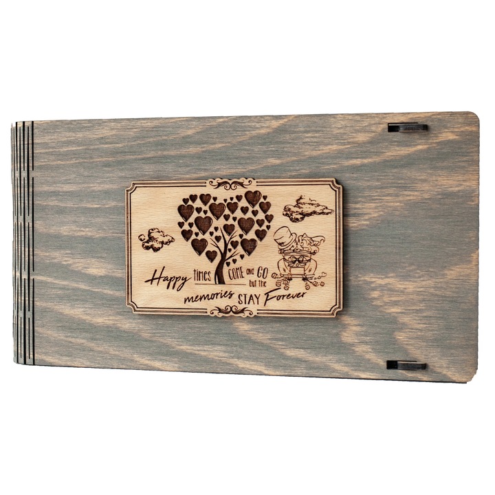 Cutie din lemn pentru stick USB + loc fotografii VintageBox personalizata prin gravare model "Proaspat Casatoriti" - Gri