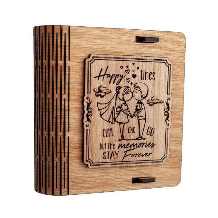 Cutie mica din lemn pentru stick USB VintageBox personalizata prin gravare model "Tineri Casatoriti" culoare stejar auriu