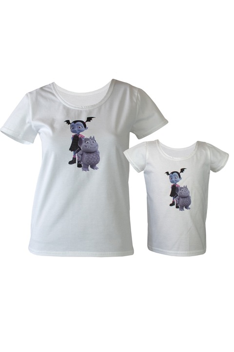 Set mama/fiica, tricouri albe cu imprimeu Vampirina, marimea S +1/2 ani