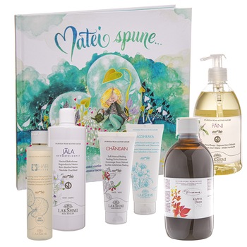 Pachet ingrijirea corpului potrivit mamelor si copiilor +5 ani, Lakshmi, 7 produse din care cadou cartea  Pachet ingrijirea corpului potrivit mamelor si copiilor +5 ani, Lakshmi, 7 produse din care cadou cartea