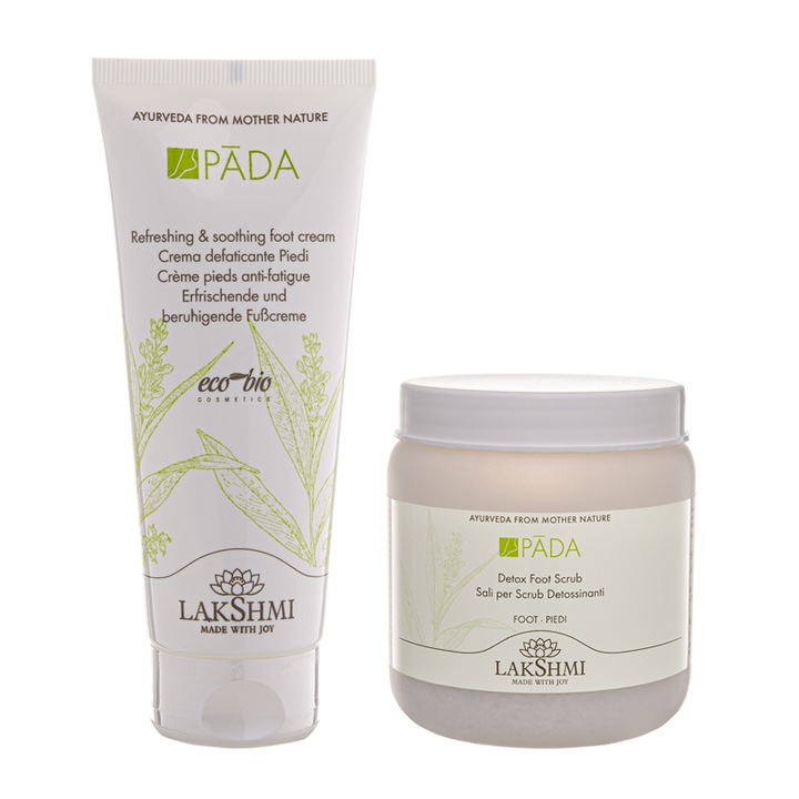Set 2 produse organice pentru ingrijirea picioarelor, Lakshmi, crema pentru picioare reconfortanta si calmanta 100 ml si scrub detoxifiant pentru picioare 400 ml