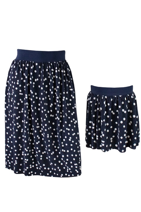 Set mama/ fiica, fuste plisate, bleumarin cu buline albe, 1/2 ani