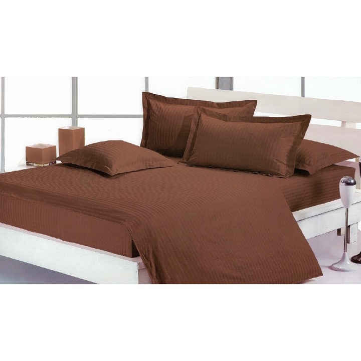 Lenjerie de pat pentru o persoana cu husa de perna dreptunghiulara, Elegance, damasc, dunga 1 cm 130 g/mp, Maro, bumbac 100%