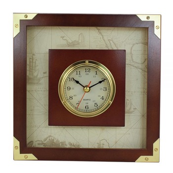 Ceas marin Sea Club din alama, cadru din lemn, 24x24x3.3cm Ceas marin Sea Club din alama, cadru din lemn, 24x24x3.3cm