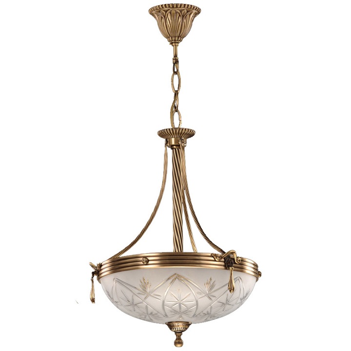 BUSSY LIGHTING 3038 Klasszikus kivitelű függőlámpa, átmérő 33cm, magasság 77cm, 3xE14, sárgaréz, fém antik bronz / üveg-kivitel