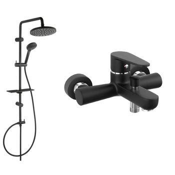 Coloana de dus FERRO Algeo Black baterie cada / dus, si Set bara dus cu suport culisant, dus fix, para dus mobila si polita Rondo Lux, negru Coloana de dus FERRO Algeo Black baterie cada / dus, si Set bara dus cu suport culisant, dus fix, para dus mobila si polita Rondo Lux, negru