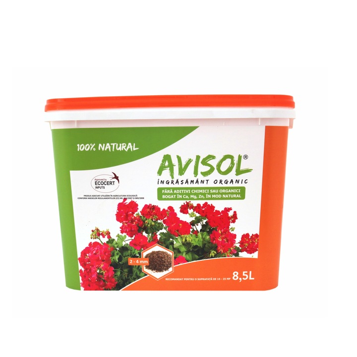 Ingrasamant organic natural granulat 2-4mm, Avisol, perfect pentru fertilizare solar, gazon, gradina, teren agricol, 8,5 Litri