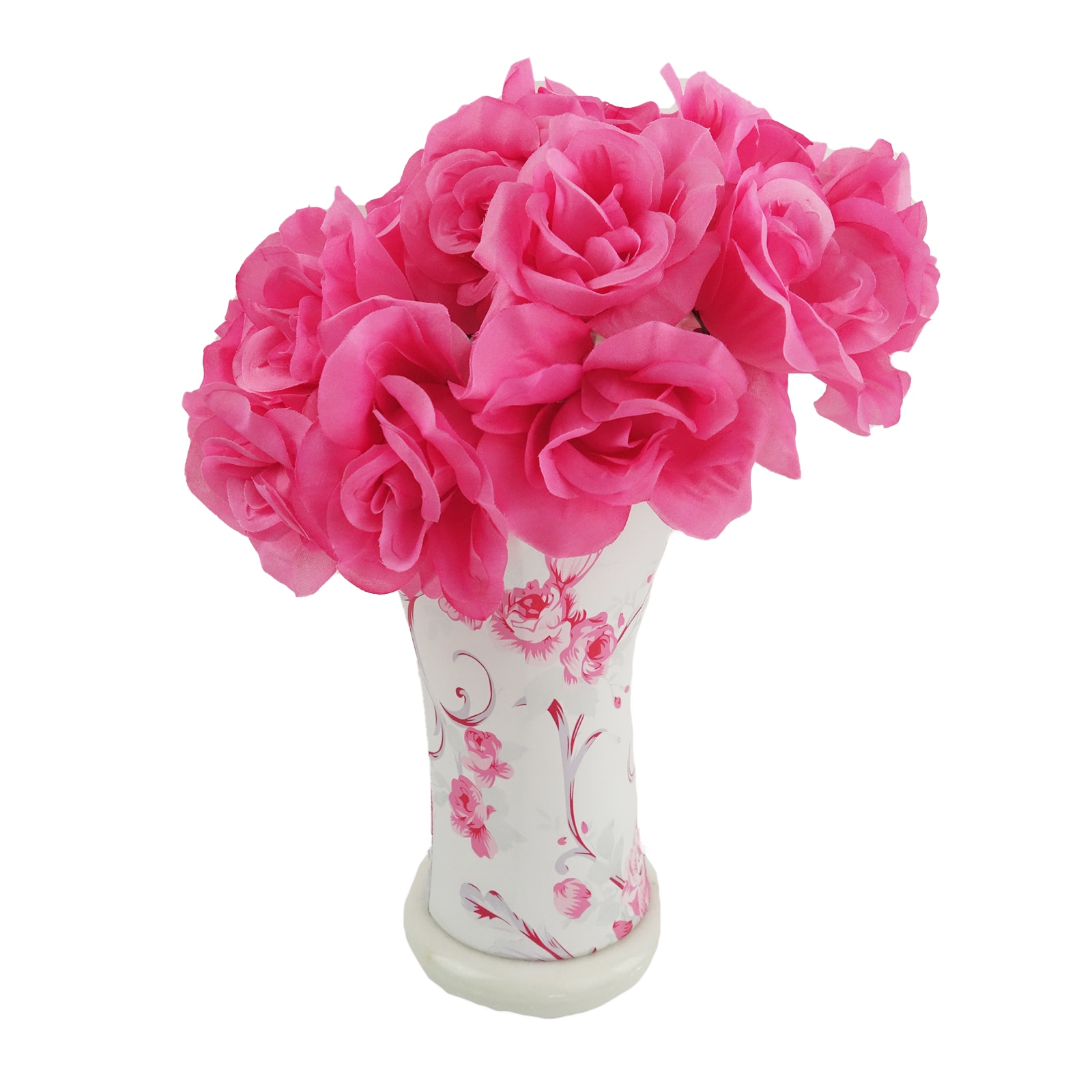 Veioza din ceramica cu abajur, Ornament floral, Roz, 220 V, E27, Intrerupator clasic, 35 cm