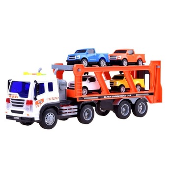 Camion interactiv cu Remorca idealSTORE Double Truck, Scara 1:16, Dimensiuni 38 x 8.5 x 12 cm, Include 4 masini, Efecte sonore si luminoase, Ofera distractie creativa Camion interactiv cu Remorca idealSTORE Double Truck, Scara 1:16, Dimensiuni 38 x 8.5 x 12 cm, Include 4 masini, Efecte sonore si luminoase, Ofera distractie creativa
