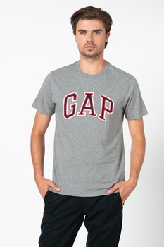 GAP, Tricou cu decolteu la baza gatului si logo brodat, Gri melange GAP, Tricou cu decolteu la baza gatului si logo brodat, Gri melange