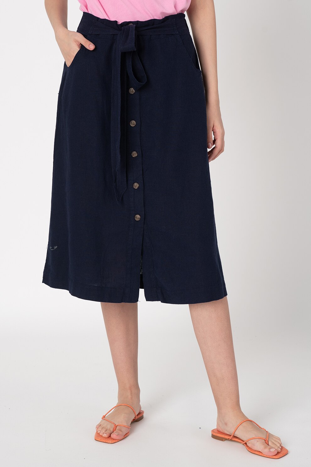 GAP, Fusta midi din amestec de in, cu buzunare laterale, Bleumarin