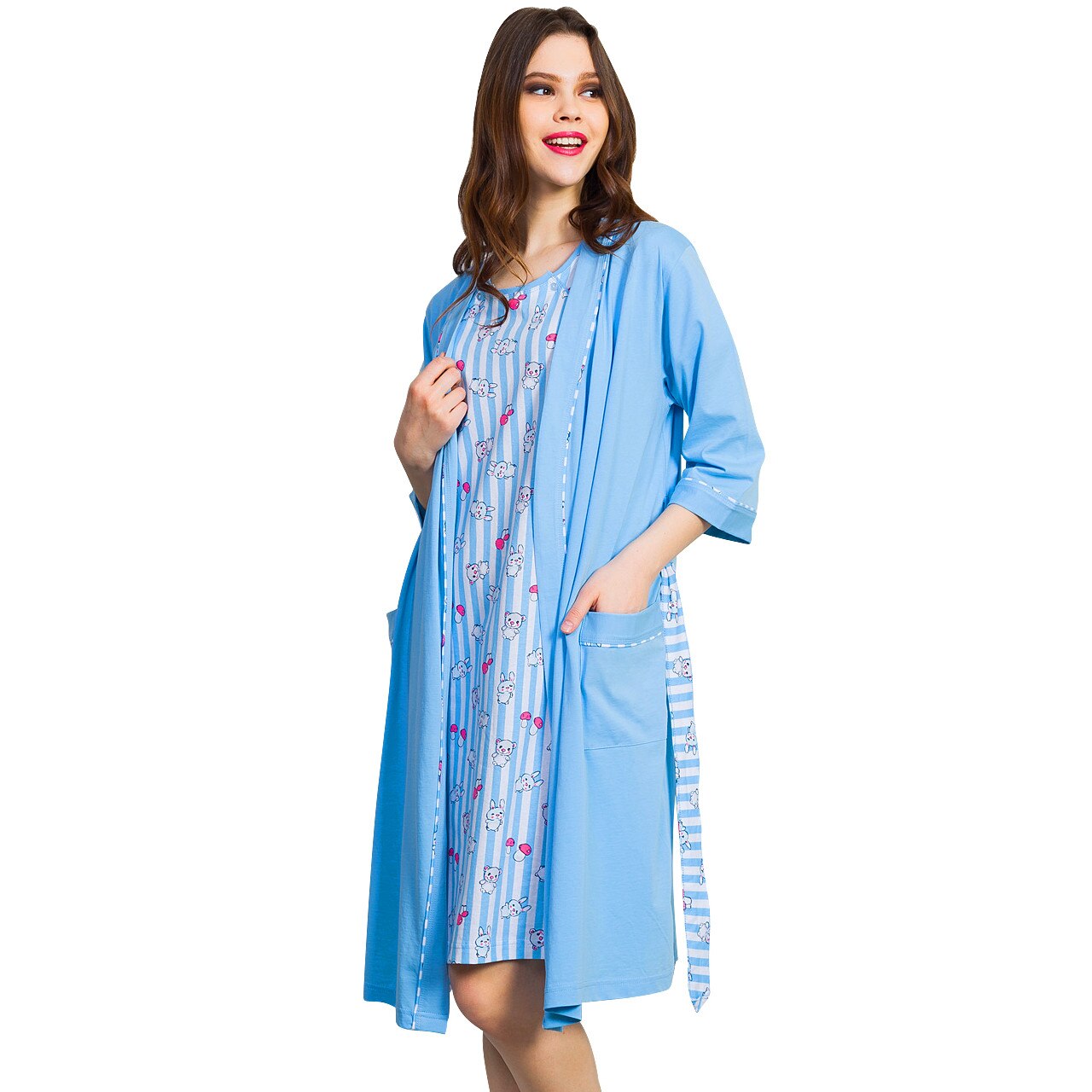 Compleu Camasa Gravide si Alaptat + Halat Vienetta, Model Teddy Moments Blue, Albastru