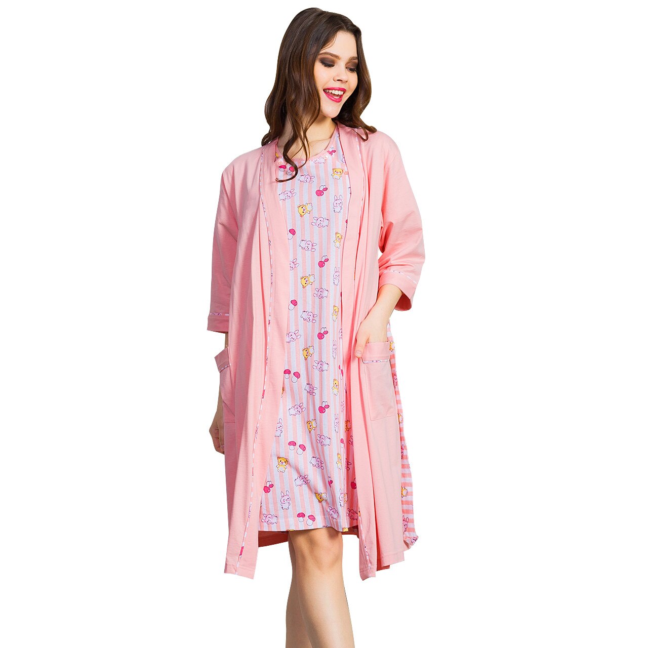 Compleu Camasa Gravide si Alaptat + Halat Vienetta, Model Teddy Moments Pink, Roz