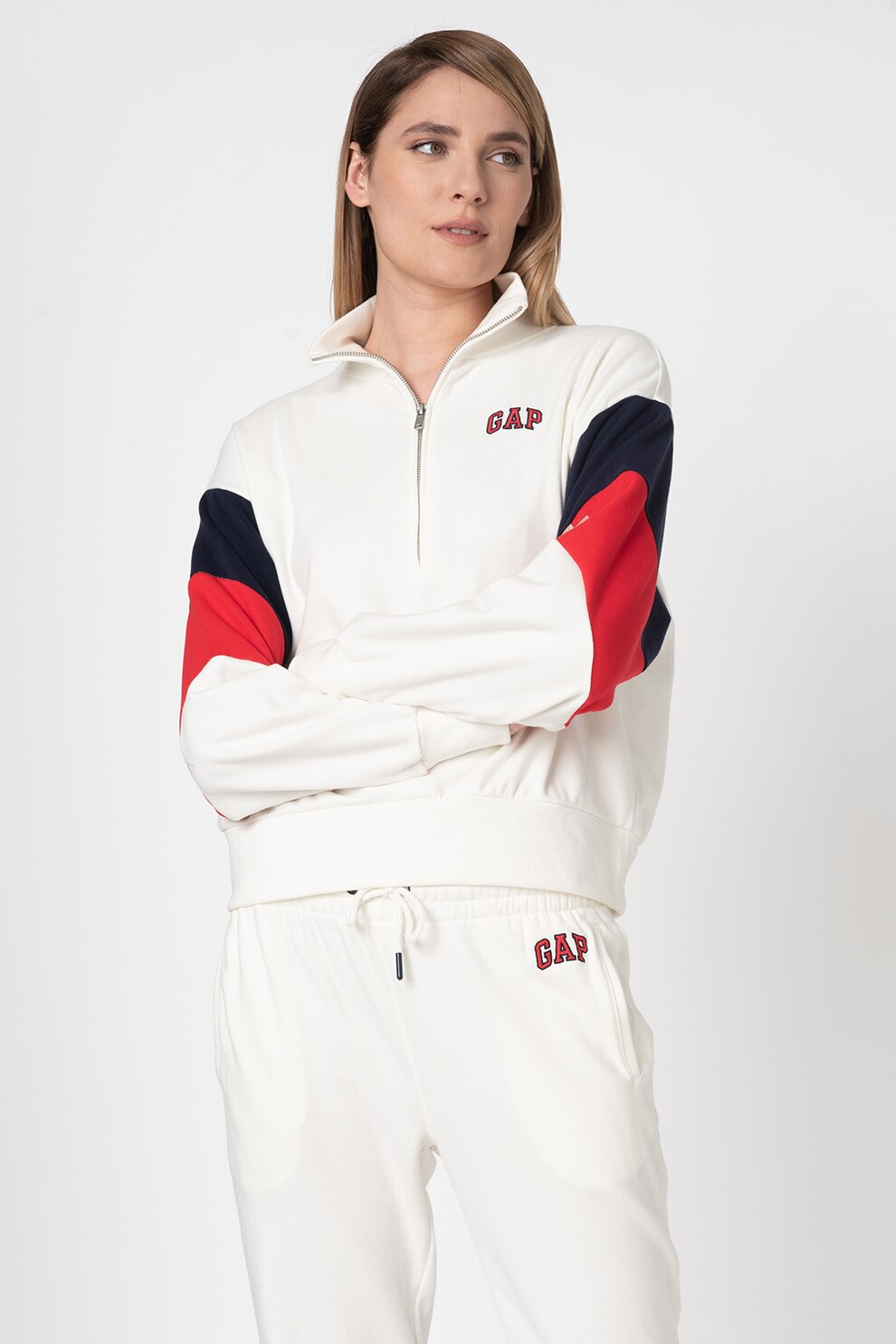 GAP, Bluza sport cu maneci cazute si fenta cu fermoar, Alb/Bleumarin/Rosu