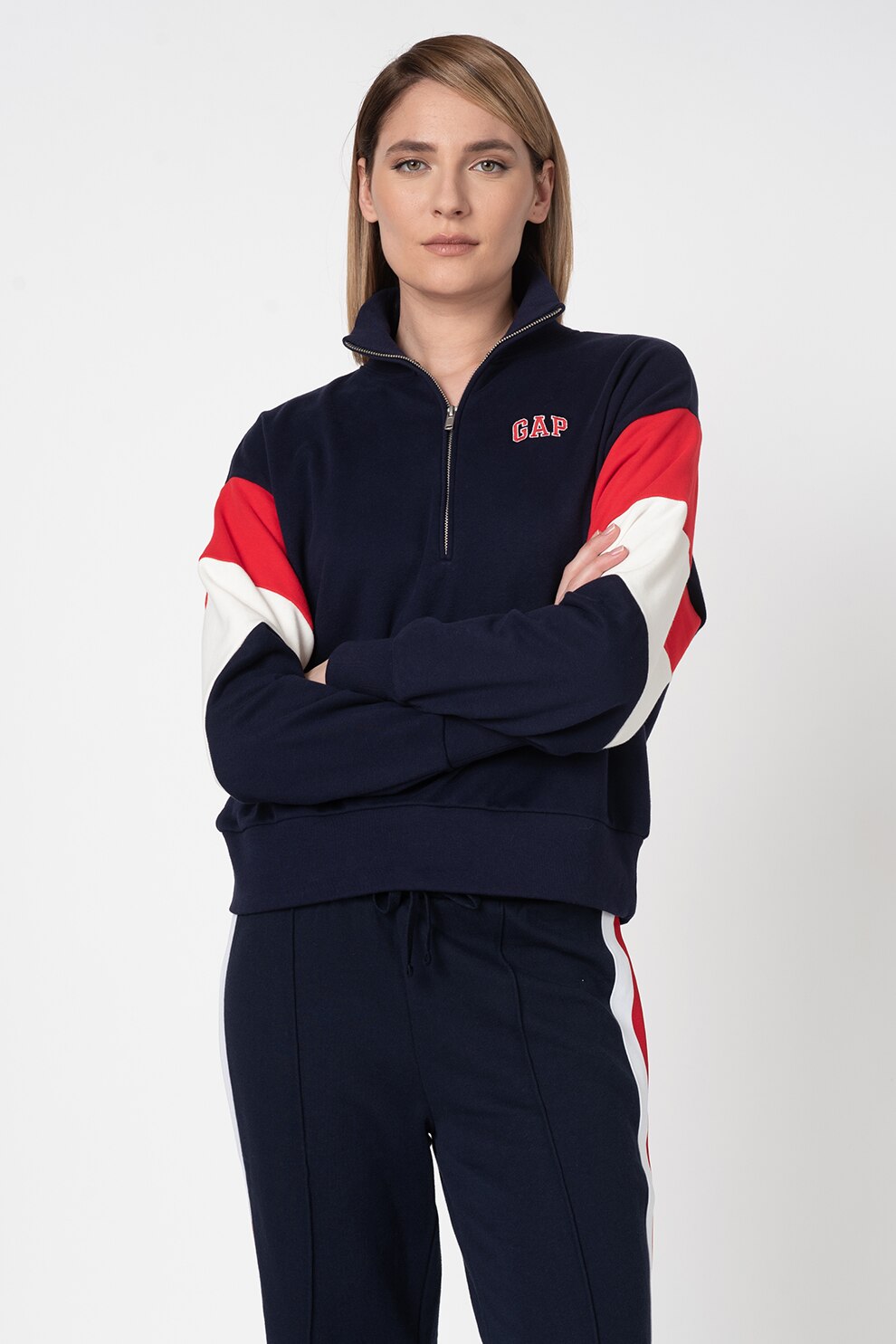GAP, Bluza sport cu maneci cazute si fenta cu fermoar, Bleumarin