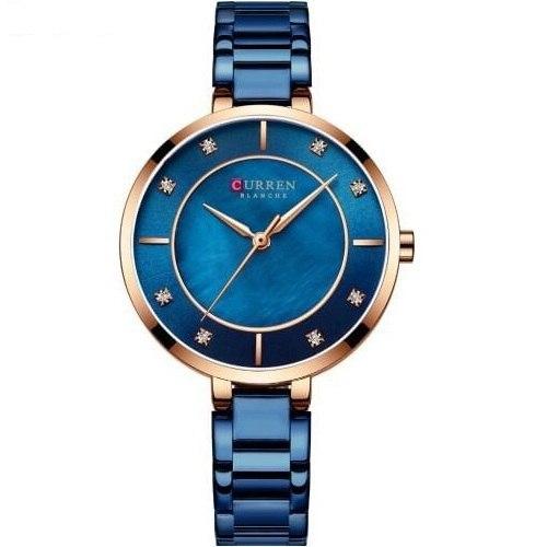 Ceas dama Curren, Analog, Mecanism Quartz, Subtire, Afisaj 24 h, Ora, minute, secunde, Bratara otel inoxidabil, Albastru inchis
