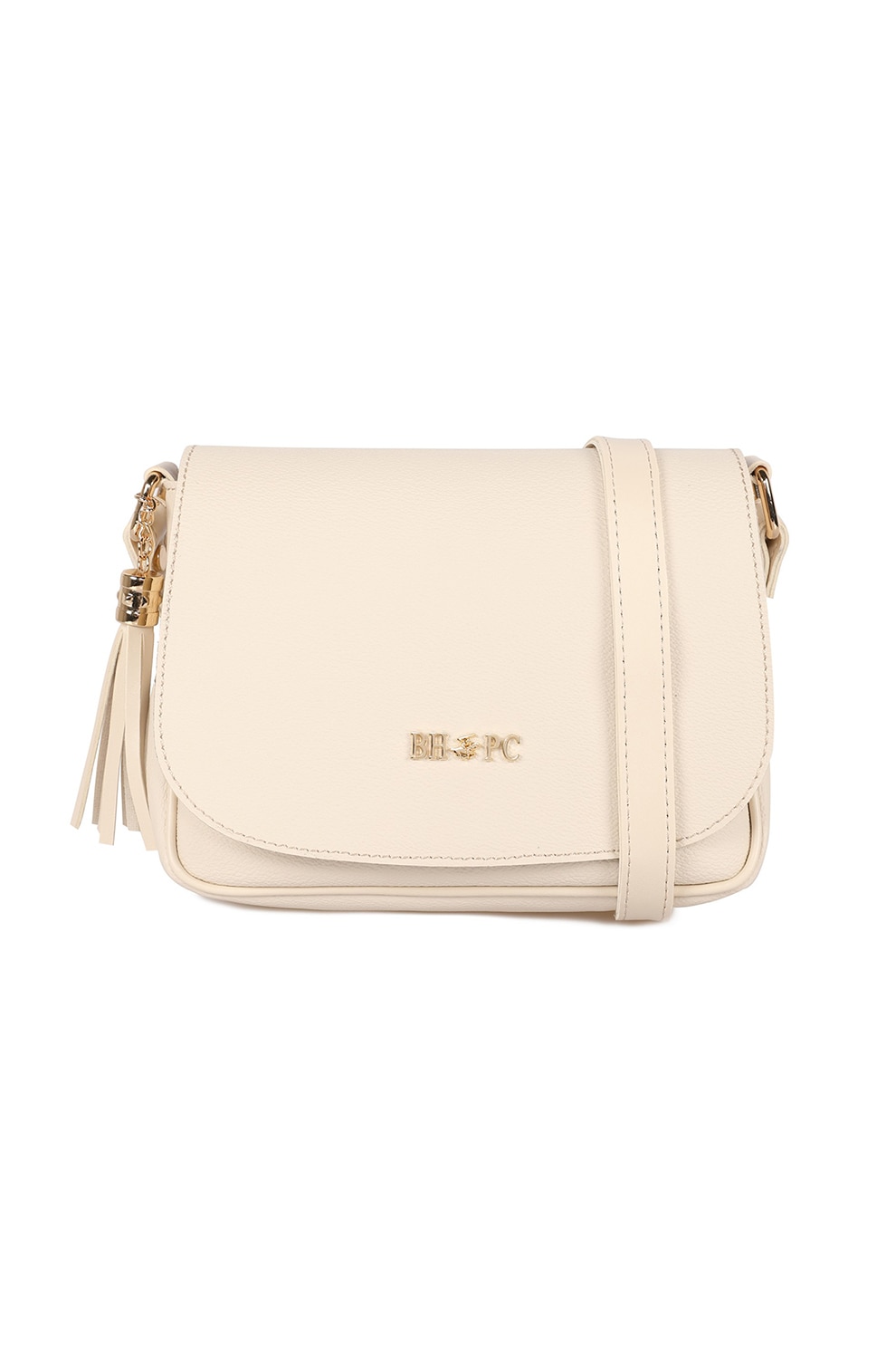 Beverly Hills Polo Club, Geanta crossbody de piele ecologica cu aplicatie logo metalica, Crem