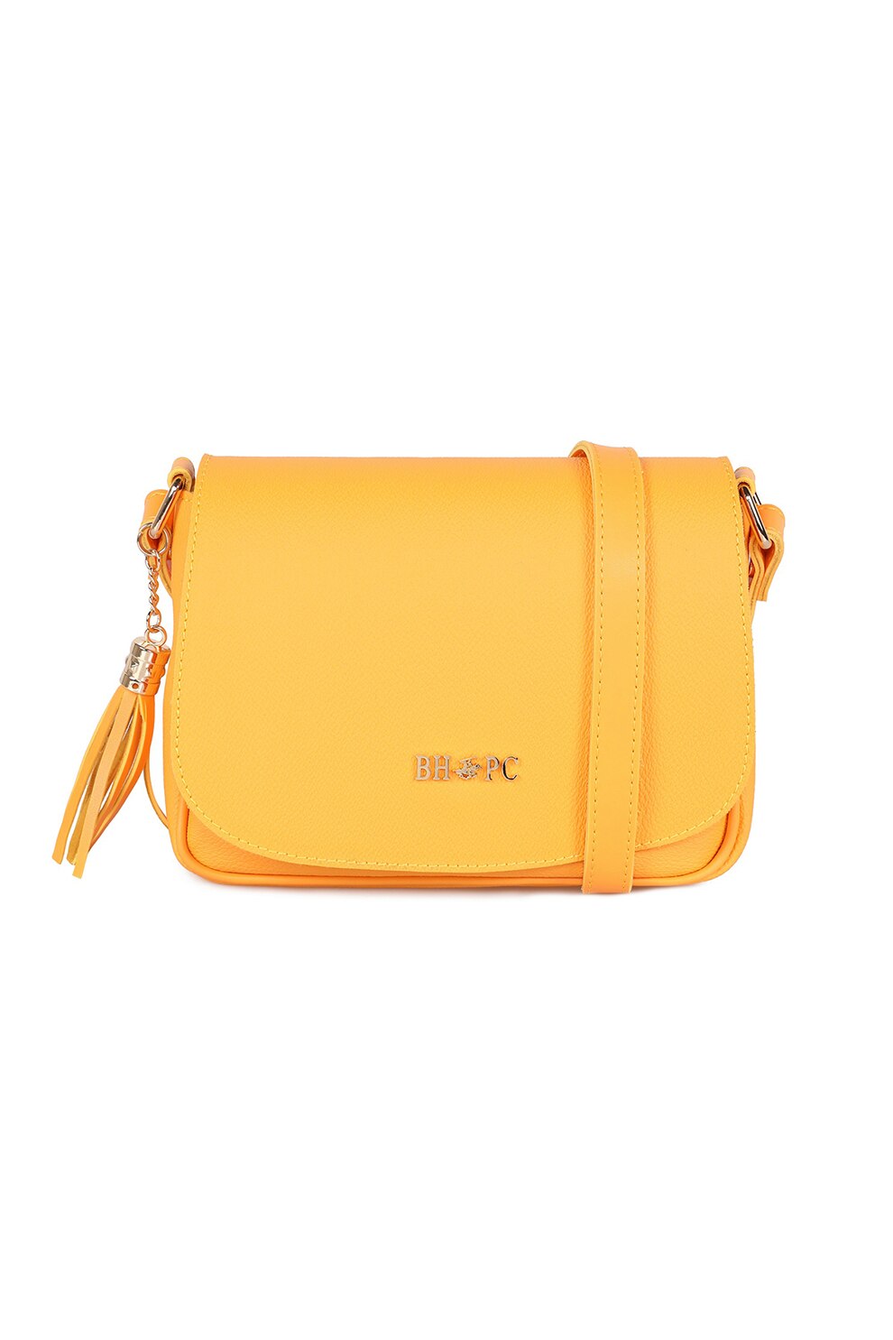 Beverly Hills Polo Club, Geanta crossbody de piele ecologica cu aplicatie logo metalica, Galben sofran