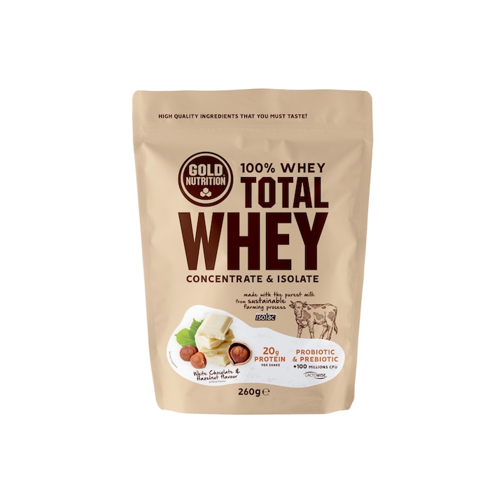 Pudra proteica, GoldNutrition, Total Whey ciocolata alba si alune, 260 g