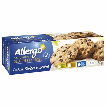 Fursecuri pepite ciocolata, fara gluten si fara lactoza Allergo, 150g Fursecuri pepite ciocolata, fara gluten si fara lactoza Allergo, 150g
