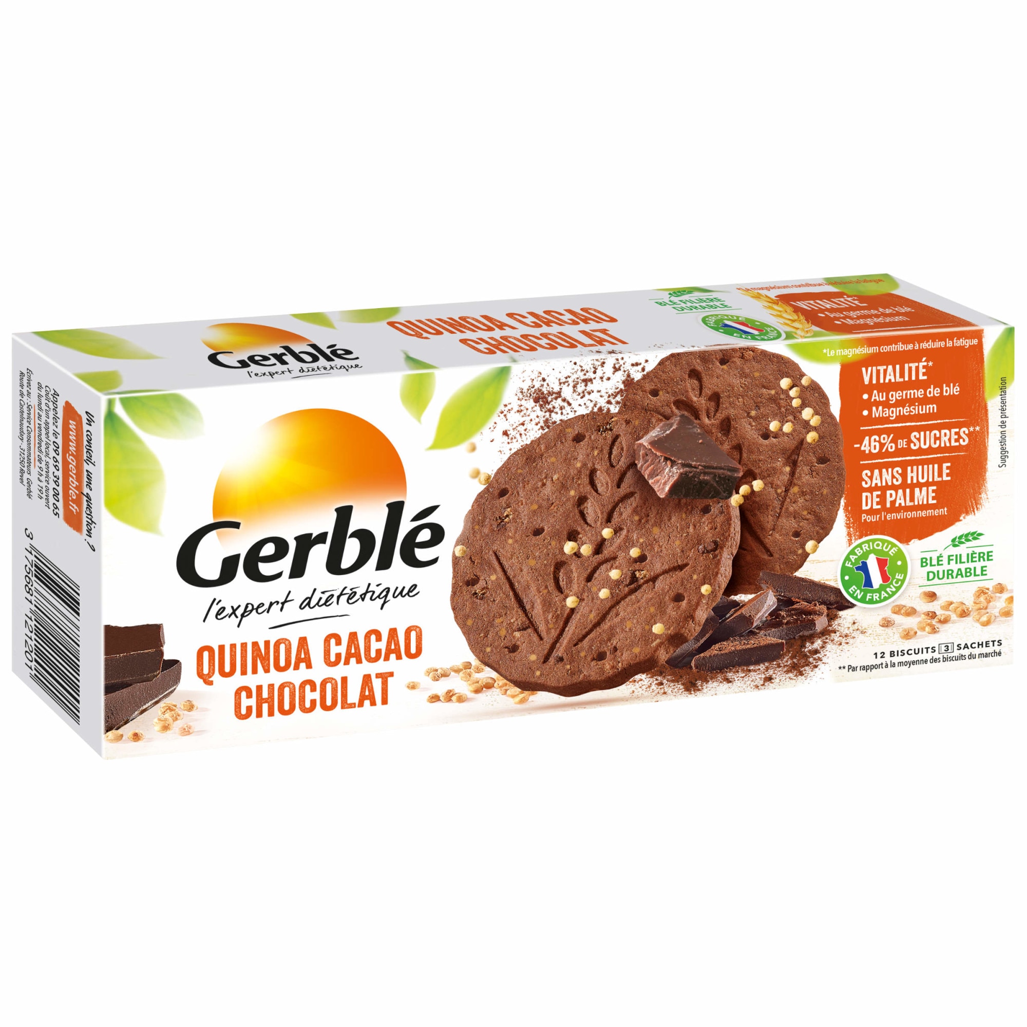 Biscuiti dietetici cu quinoa si cacao Gerble, 132g