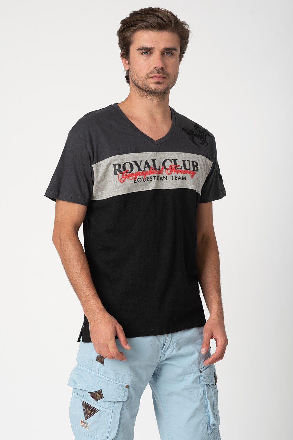 Geographical Norway, Tricou de bumbac cu decolteu in V si imprimeu Jice, Negru stins/Gri melange