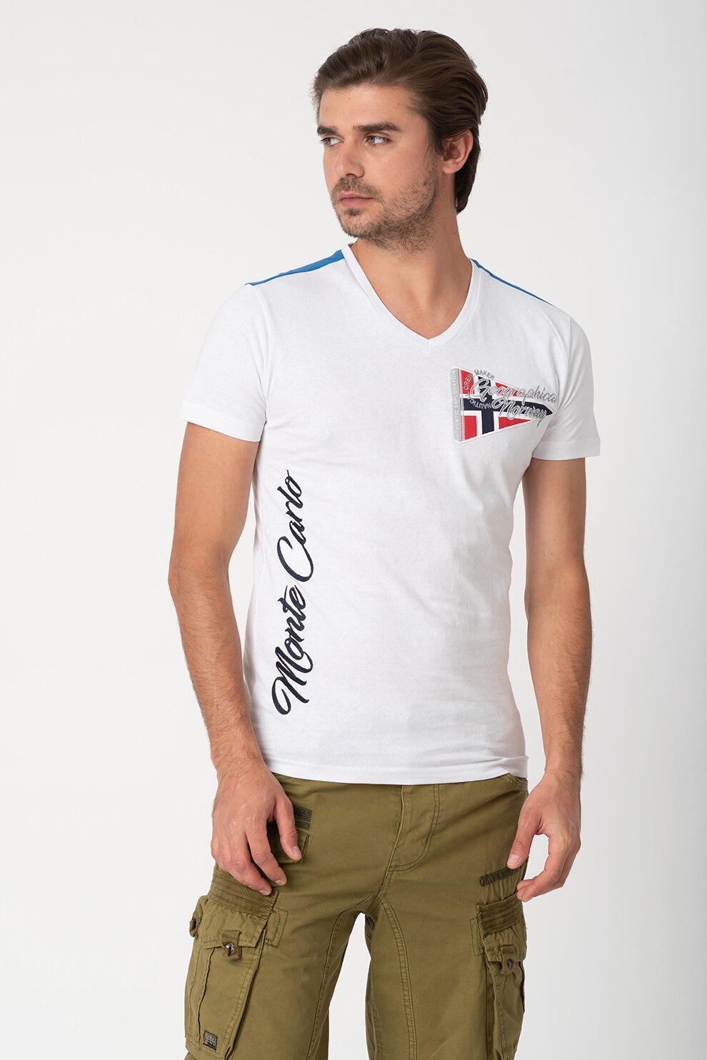 Geographical Norway, Tricou cu decolteu in V si logo brodat Jolory, Alb/Albastru, M