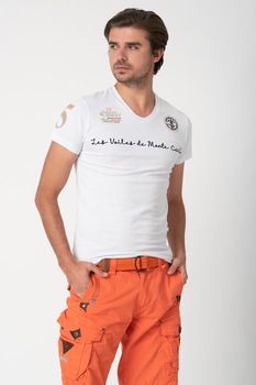 Geographical Norway, Tricou cu decolteu in V si detalii brodate Jolostar, Alb/Bleumarin/Bej Geographical Norway, Tricou cu decolteu in V si detalii brodate Jolostar, Alb/Bleumarin/Bej