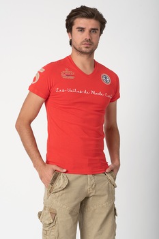 Geographical Norway, Tricou cu decolteu in V si detalii brodate Jolostar, Rosu/Alb Geographical Norway, Tricou cu decolteu in V si detalii brodate Jolostar, Rosu/Alb