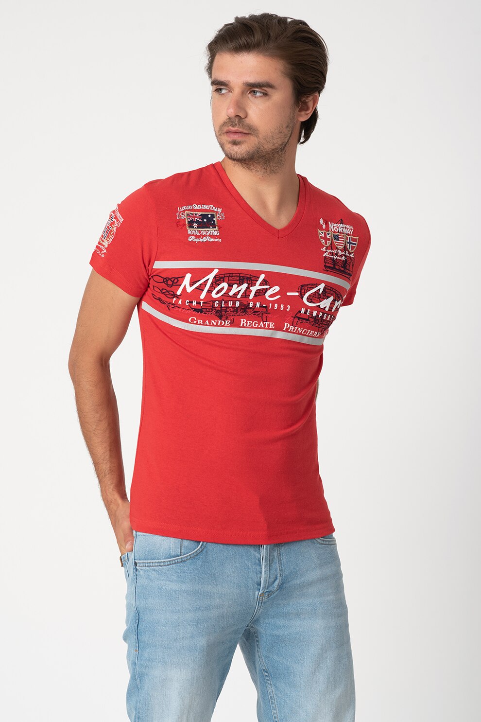 Geographical Norway, Tricou cu decolteu in V si detalii brodate Julipe, Rosu/Alb/Bleumarin inchis