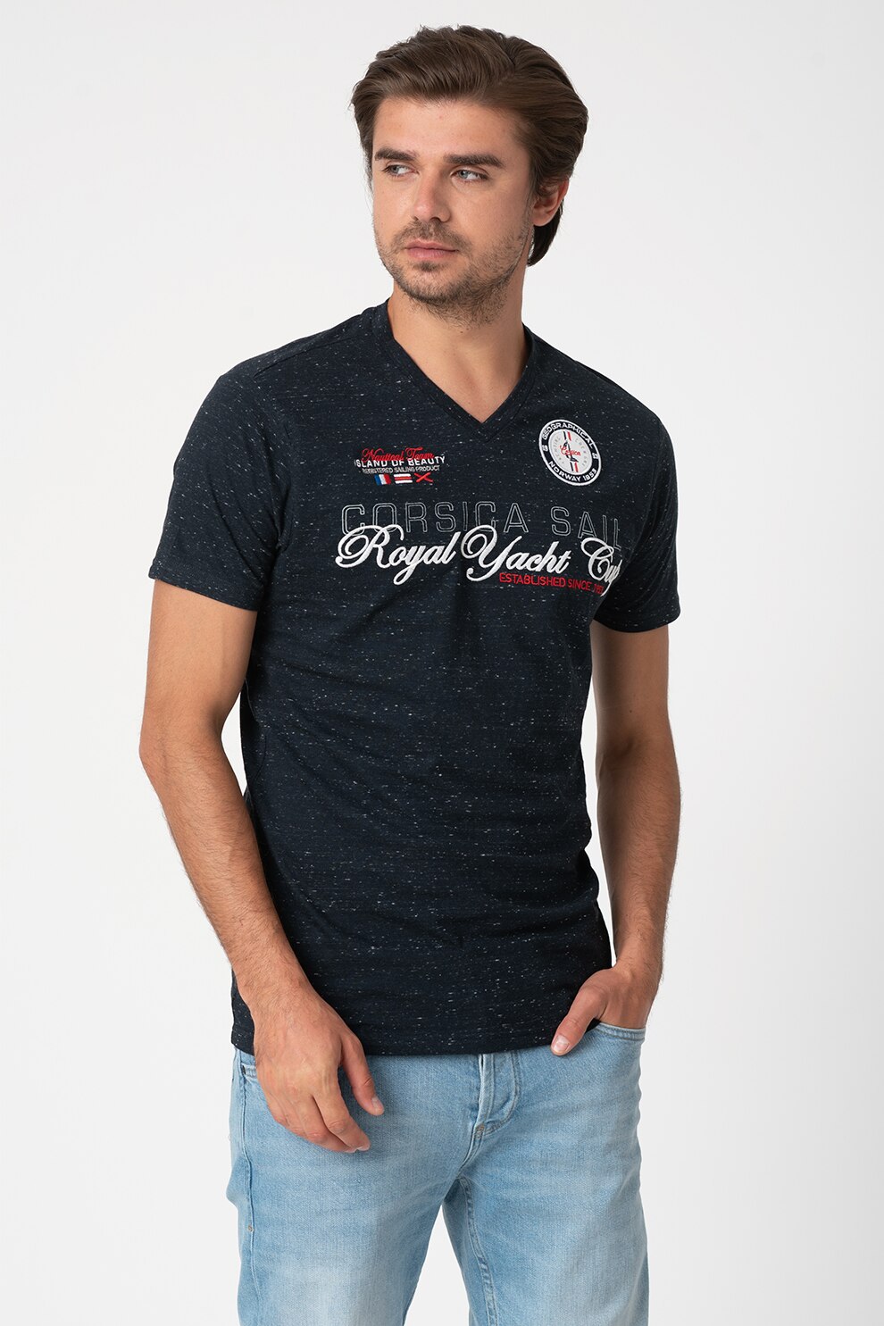 Geographical Norway, Tricou regular fit cu decolteu in V Justin, Bleumarin/Alb/Rosu, L