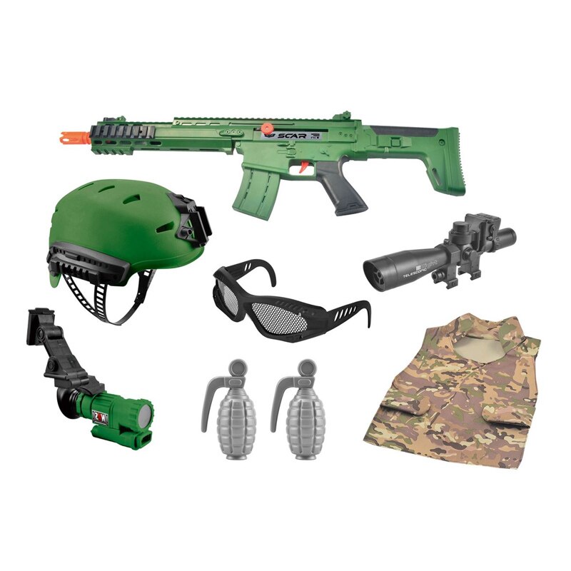Set miltar cu mitraliera automata, casca, ochelari, vesta militara ,2 grenade si alte accesorii, ATS + 3 ani