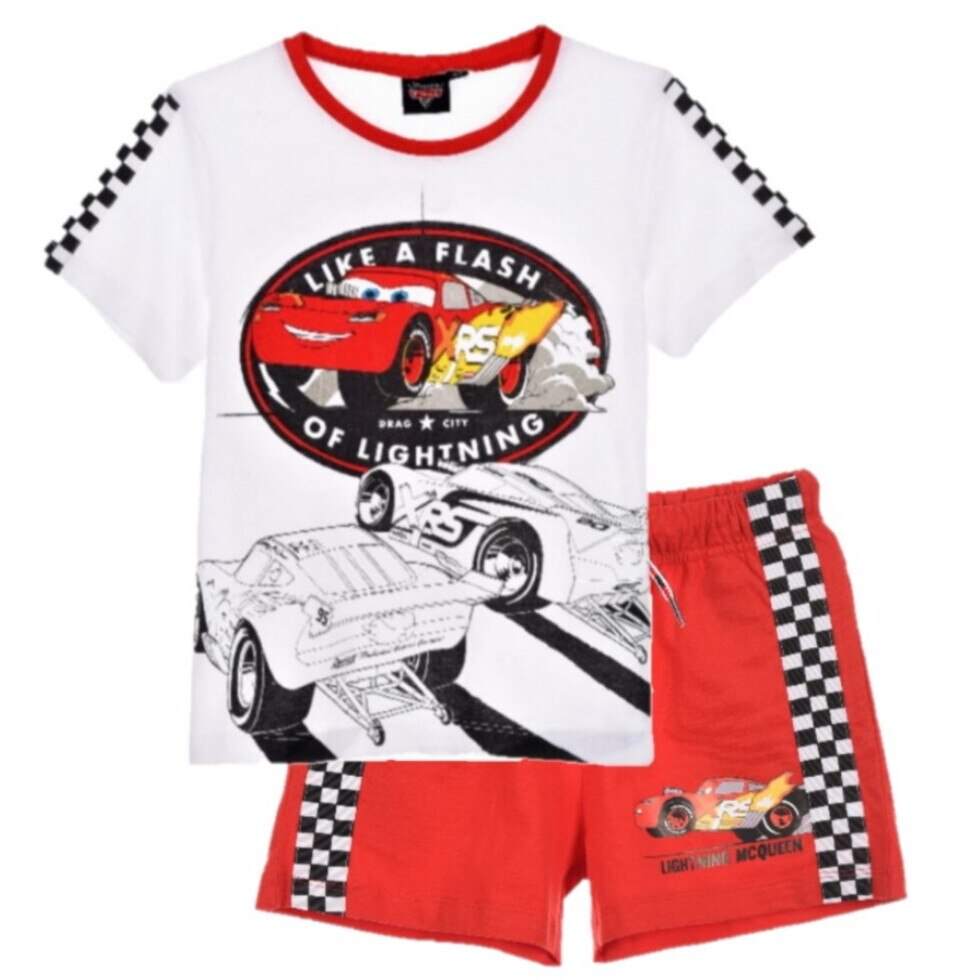 Set 2 piese, tricou si pantalon scurt, Disney Cars, Alb/Rosu, 128 CM