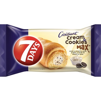 Croissant cu crema de vanilie si biscuiti de cacao 7 Day's, 80g Croissant cu crema de vanilie si biscuiti de cacao 7 Day's, 80g