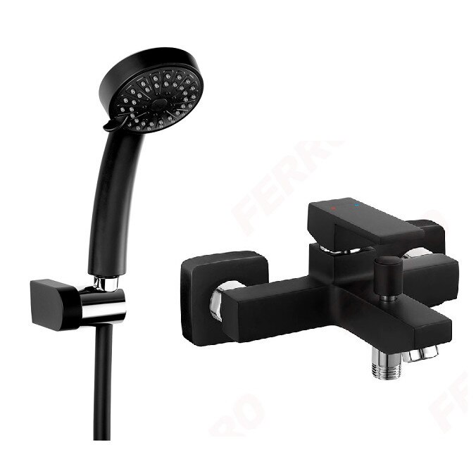 Pachet 2in1 Baterie cada / dus Negru Mat Ferro Zicco, cartus ceramic si Set para dus cu suport si furtun flexibil, Negru Mat