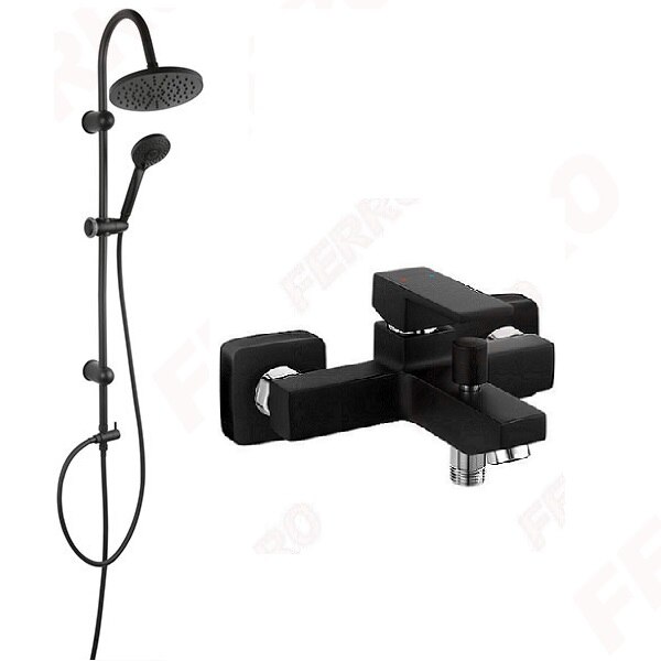 Pachet 2in1 Coloana de dus Ferro Rondo, cu baterie cada / dus Negru Mat Zicco, set bara dus Negru Mat, culisant, dus fix, para dus mobila