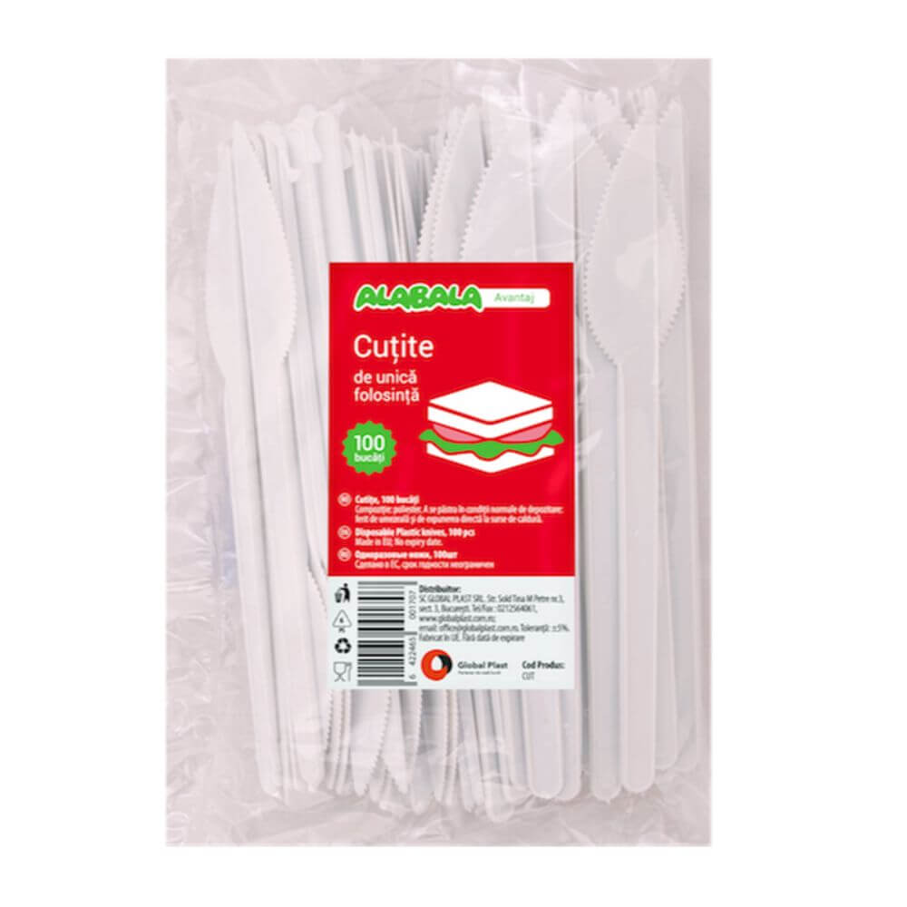 Cutite din Plastic de Unica Folosinta, 100 Buc/Set, 16.3 cm, Culoare Alba, Tacamuri de Unica Folosinta