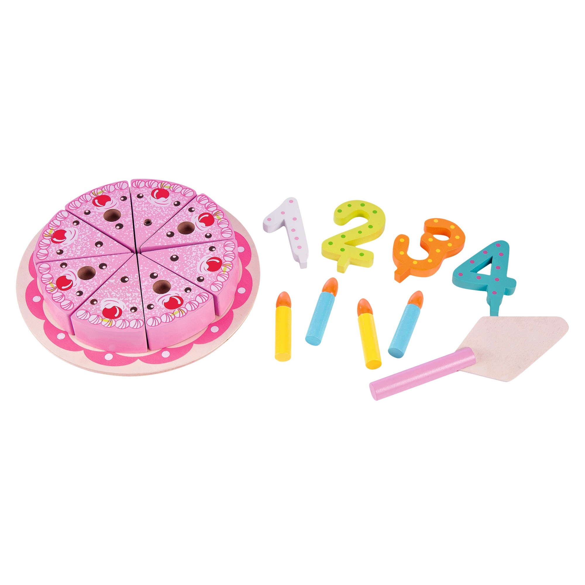 Set de joaca, Tort Aniversar Feliabil, SPECIAL CAKE, din Lemn, Piese Unite cu Velcro, 18 Elemente, 15 Cm diametru, cu Spatula, Lumanari si Cifre Aniversare, Roz